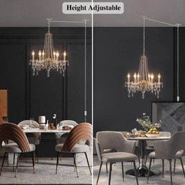 MEIJIA Plug in Crystal Gold Chandeliers Lighting Fixture 6 Light Modern Crystal Chandelier with 15.75feets Plug in Cord Gold Mini Plug in Chandelier for Dining Room Bedroom Entryway Bathroom Closet