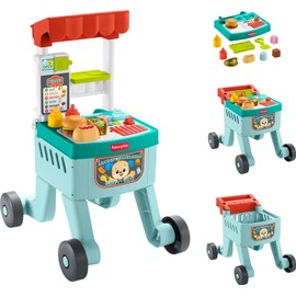 Fisher-Price Baby Push Toy 4-in-1 Snack Cart Walker Learning Activity, 14 Pieces for Pretend Play Infants Ages 6+ Months, Multilanguage Version