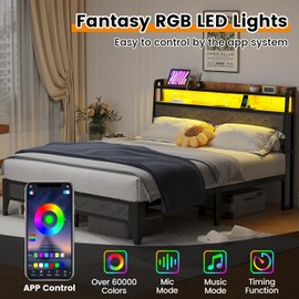 Winkalon Full Led Bed Frame with Headboard, Bed Frame with Charging Station, Metal Platform Bed Frame Full Size No Box Spring Needed, Modern Wood Upholstered Headboard and Under Bed Storage