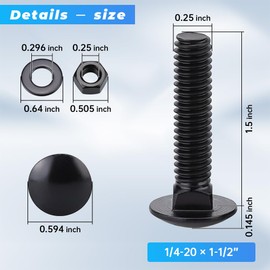Glvaner (10 Sets) 1/4-20 x 1-1/2" Stainless Steel Carriage Bolts Screws Black and Hex Nuts & Flat Washers Black, Round Head Square Neck, 304 Stainless Steel 18-8, Full Thread Coverage