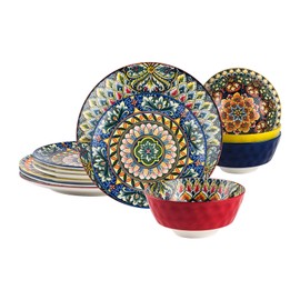 Henten Home Ceramic 12 Pieces Dinnerware Sets, Bohemia Dinner Plates, Soup Bowls, Porcelain Dinnerware Set for 4, Microwave & Dishwasher Safe, Scratch Resistant