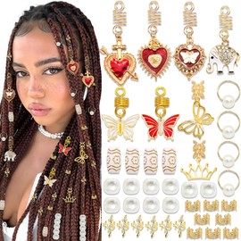 VENOFEN 46PCS Red Heart Hair Jewelry Butterfly Crown Gold Braid Clips Metal Loc Dreadlock Cuffs Round Pearl Hair Tube Beads Hair Accessories for Women