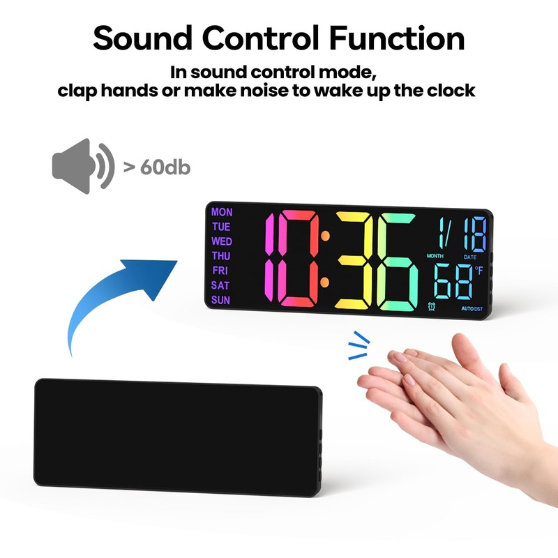 YISILE 13" Digital Wall Clock with Night Light,8 RGB Color,Dual