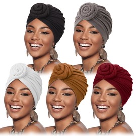 DRESHOW 5 Pieces African Turban for Women Soft Pre-Tied Knot Fashion Pleated Turban Hat Head Wrap Sleep Cap, 5 pack 9-w41