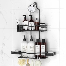 REINHARDT Shower Caddy Hanging, Rustproof Shower Caddy Anti-Swing Shower Organizer Over Showerhead No Drilling Shower Racks with Soap Holder Multi Hooks Bathroom Storage for Shampoo Sponge, Black