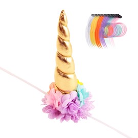 Nishine 8"x5" Long Floral Unicorn Horn Headband + 18 PCS Pony Mane Hair Tinsel for Making Your Horse a Unicorn Holloween Wedding Party Decor (Gold&Yellow)