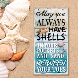 PLIGREAT Beach Wood Signs Decorative Hanging Signs Plaques Colorful Wood Wall Art Decor Wooden Hanging Door Decor for Beach House Summer House Home Wall Decorations Housewarming Gifts