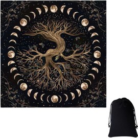 Moon Phase Tree of Life Tarot Reading Cloth,49x49cm Soft Velvet Altar Cloth for Tarot Cards Reading, Witchcraft Divination Supplies with Black Storage Bag for Oracle Cards, Wiccan Spiritual Decor