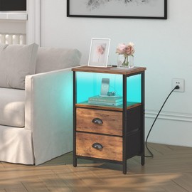 sthmec Nightstand with Charging Station, Night Stand with 2 Fabric Drawers, Bedside Table End Table with LED Light, 3-Tier Storage Side Table Nightstand with Drawers for Bedroom,Rustic Brown