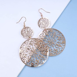 Inateannal Vintage Filigree Disc Earrings Gold Filigree Circle Dangle Earrings Double Circle Hook Earrings Hollow Round Filigree Flower Earrings Jewellery for Women and Girls Gifts