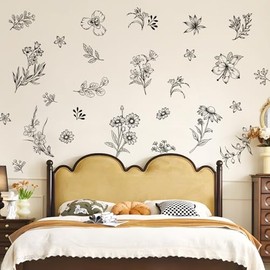 Tanlaby Sketch Black Flower Wall Decals, Garden Floral Wall Stickers Retro Wildflower Decal Peel and Stick Walll Art Decor for Bedroom Office Sofa TV Backdrop