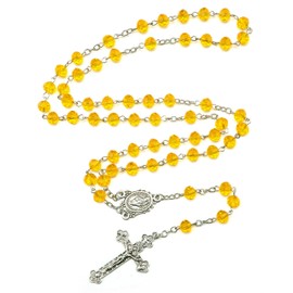Catholic Rosary Yellow Crystal Beads Rosary Necklace with with Miraculous Medal Cross Crucifix Rosaries Communion Rosary