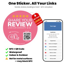 Multi-link Review & Social Media Sticker Decal(3 Pack)– NFC Tap or Scan to All Links – QR Code Sign for Review, Instagram, Facebook & more – Indoor/Outdoor – No App/Fees – Smartphone Compatible