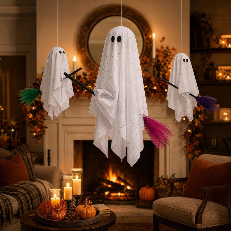 Halloween Decorations Outdoor, 3 Pack Hanging Light Up Ghosts on