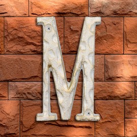 5 Inch High Home Address House Numbers- Unique Cast Iron Metal Mailbox Number/Letters for Outside or Front Door, Handmade Gold & White Finish (Letter M)