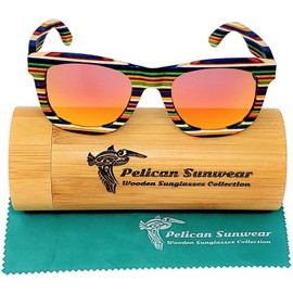 Pelican Sunwear Wood Sunglasses | Polarized Lenses | Multi-Colored Layered Rainbow Vintage Wooden Frame Men Women