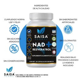 Nad+ 30 Cápsulas | Resveratrol | Suplemento Alimenticio | Sin gluten Saisa Herbal | Antienvejecimiento Salud celular, Energía Celular | Sabor Neutro