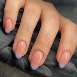Blue French Tips Press on Nails Short Almond Fake Nails Nude Acrylic Nails Press ons,Sky Blue Glue on Nails Glossy Reusable False Nails for Women Girls Daily Wear Manicure 24pcs