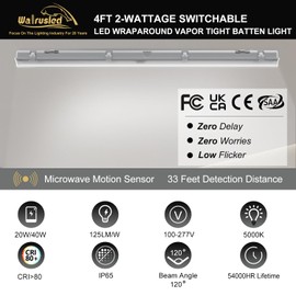 4FT Tri-Level Motion Sensor LED Vapor Tight Light, IP65 IK08, 20W(2500lm)/40W(5000lm) Selectable, 5000K, 100-277V, Dimmable, Outdoor Waterproof Shop Light, Vapor Proof Lighting Fixture for Carport,FCC