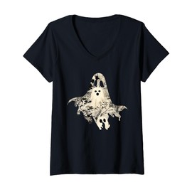 Womens Whimsical Ghost and Floral Pattern – Perfect for Gothic Fans V-Neck T-Shirt