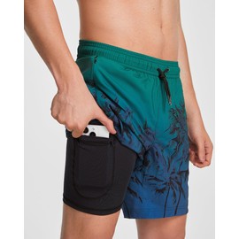 MaaMgic Mens Swim Trunks with Compression Liner 2 in 1 Swimming Shorts Stretch 7" Swimwear Quick Dry Bathing Suits,Coconut Palm Green,Large