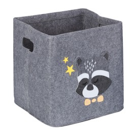 Relaxdays Raccoon Storage Box, Fabric Box for Children, Felt, Foldable, Toy Box, H x W x D: 33 x 33 x 33 cm, Grey