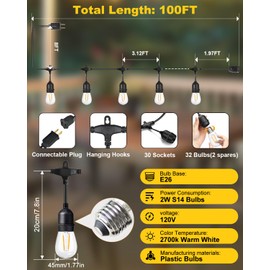 BRIMAX 2W 100FT Outdoor String Lights Commercial Grade with 32 Shatterproof S14 Dimmable LED Bulbs Patio String Lights Heavy Duty Waterproof for Bistro Cafe Market 2700K