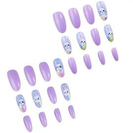 Cute Purple Press on Nails Easter Fake Nails Medium Almond Nails Press on Easter Bunny False Nails Full Cover Gloss Acrylic Glue on Nails Spring Stick on Nails for Women and Girls 24 Pcs