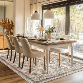 jinchan 8x10 Floral Area Rug Vintage Washable Spring Throw Rug Soft Non-Slip Low Pile Distressed Large Orange Blue Carpet for Living Room Bedroom Dining Room Office