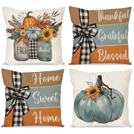 HIUCUS Happy Thanksgiving Turkey Throw Pillow Cover, 18x18 Inch Set of 4 Fall Thankful Grateful Blessed Pumpkin Orange GIve Thanks Gobble Cushion Case for Sofa Couch BZ12-4pcs