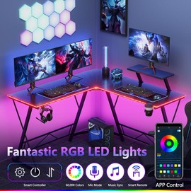 Mr IRONSTONE 【RGB Desk】Mr IRONSTONE Gaming Desk with Led Lights,Corner Computer Desk with Carbon Fiber Surface,L shaped desk, Home Office Desks Writing Workstation with Large Monitor Stand, Easy to Assemble 51 Inch - Type: Updated(Led Lights+Cup Holder+H
