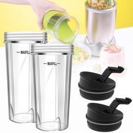 Blender Cups Replacement Parts 2PC, 16oz Ninja Juicer Cups Come with To-Go Lids, Compatible with Nutri Ninja Blenders QB3000SSW 30 / QB3000QR 30 / QB3000QBK / QB3001SS / QB3005, Ninja Blender Cups