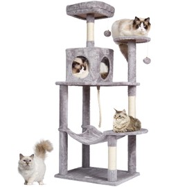 VEVOR Cat Tree for Indoor Cats, 56.2" Cat Tower with Cat Condo, Sisal Scratching Post, Hammock, Top Perch, Jumping Platforms, Large Cat House with Hang Ball, Cat Furniture Activity Center, Light Grey