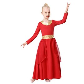 REXREII Kids Girls Praise Dance Robe Metallic Waistband Long Sleeve Liturgical Worship Dress Chiffon Skirt Lyrical Costume Red 8-9T