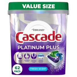 Cascade Platinum Plus Dishwasher Pods, Dishwasher Detergent, Dishwasher Soap, Dish Tabs, Dishwashing Tablets, Dish Detergent, Fresh, Actionpacs, 62 Count