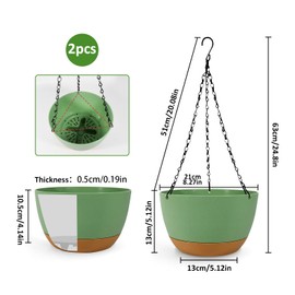 IHONYI Hanging Basket - Pack of 2 Hanging Flower Pot, 21 cm Hanging Basket Hanging Indoor/Auben,Hanging Pot with Chains, Drainage Holes and Removable Saucer, Flower Pots for Garden/Living Room (Green)