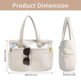 SoeUyd Cord Tasche Damen, Strandtasche, Tote Bag, Groß Tote Bag Strandtasche mit Reißverschluss, Strandtasche Beige, Ideal für Einkaufen, Arbeit, Büro, Schule, Reisen und den Täglichen Gebrauch