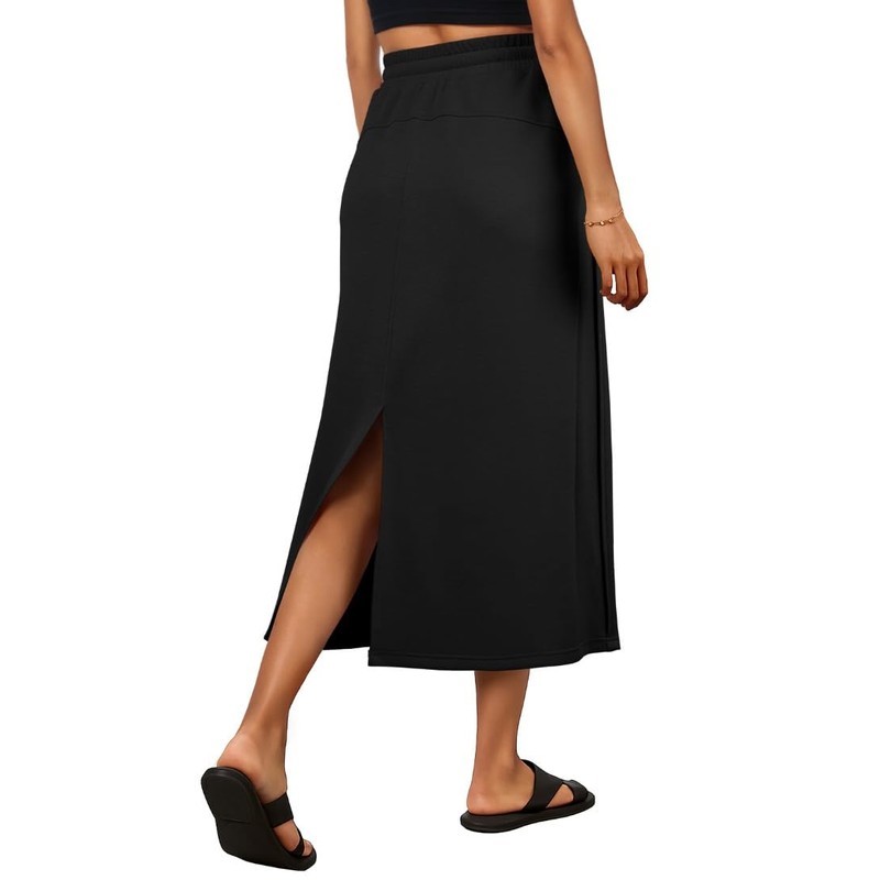 PrinStory Ladies Summer Skirts with Pockets Elasticated Waist Back Split