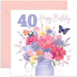 Old English Co. Pastel Floral 40th Birthday Card for Her - Cute Flower Painting Fortieth Birthday Card for Female Friend - Special Age Milestone Birthday Card for Women | Blank Inside with Envelope