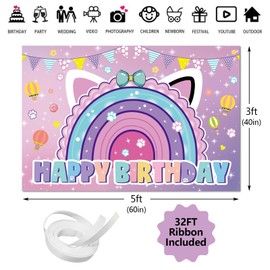 Cartoon Cat Theme Happy Birthday Photography Backdrop, 5x3ft Rainbow Background Photo Booth Banner Props for Kids Girls Boys Birthday Baby Shower Holiday Party Decorations Supplies