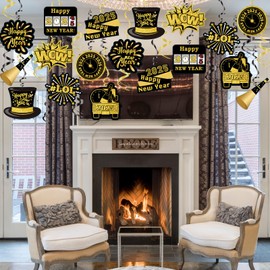 2025 Happy New Year Decor - 30 Pcs Black Gold Happy New Year Hanging Swirls Decorations 2025 New Years Eve Party Supplies