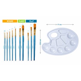 Makkas 10 Pcs Acrylic Brushes Set & Paint Mixing Palette | Wooden Nylon Hair Brushes with Sturdy Palette