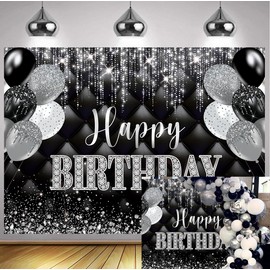 Black Silver Happy Birthday Backdrop 7x5FT - Glitter Decorations Photography Background for Women Men Party Banner Supplies Photo Props