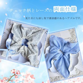 Masvan Scrunchie Stylish Adult Cute Chou Large Hair Elastic Volume Ribbon Hair Ornaments Bowknot Hair Clip-on Hair Accessory Check Scrunchie Lace Blue Square