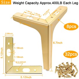 LOSYHU 7 inch Metal Furniture Legs, Gold Legs for Furniture Set of 8, Modern Replacement feet for Cabinet Sofa Couch Table Chair Bed Dresser Wardrobe Risers DIY Replacement