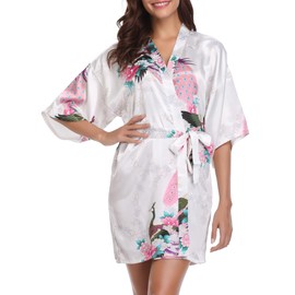 Vlazom Women's Kimono Robes Satin Dressing Gown Peacock Blossoms Sleep Lounge Short Silk Wedding Robe for Bride Bridesmaid, White, 16-18