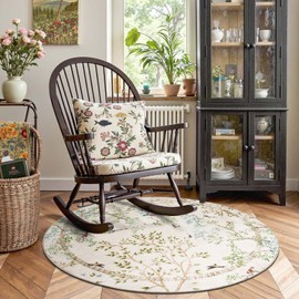 jinchan Round Rugs 5ft Ivory Botanical Birds Print Machine Washable 5' Circle Nature Plants Modern Soft Non Slip Throw Area Rugs Ultra Thin Low Pile Carpet for Entryway Bedroom Kitchen Kids Room