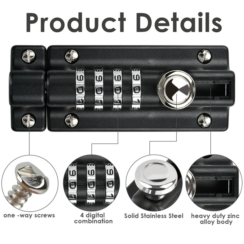 YOPEUC 2 Combination Locking Bolt, 4 Digit Sliding Lockable Padbolt,
