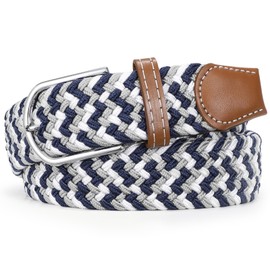 Braided Stretch Belt for Men Elastic Woven Golf Belt for Casual Pants Jeans Shorts (Navy White Grey, Fit Waist 39"-42")