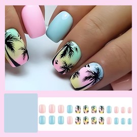 24 Pcs Summer Press on Nails Short Square,YIHONGYAN Fake Nails Press ons Pink Blue Nail Tips Acrylic Kit Glue on Nails Full Cover False Nails with Coconut Beach Glossy Design Stick on Nails for Women